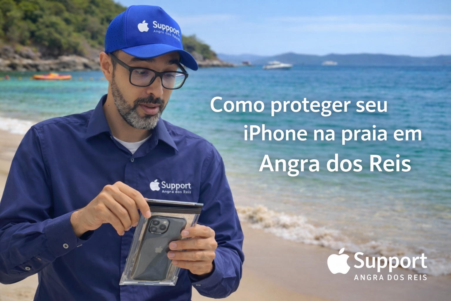 Técnico da Support Angra dos Reis na praia protegendo o iPhone contra areia e água do mar