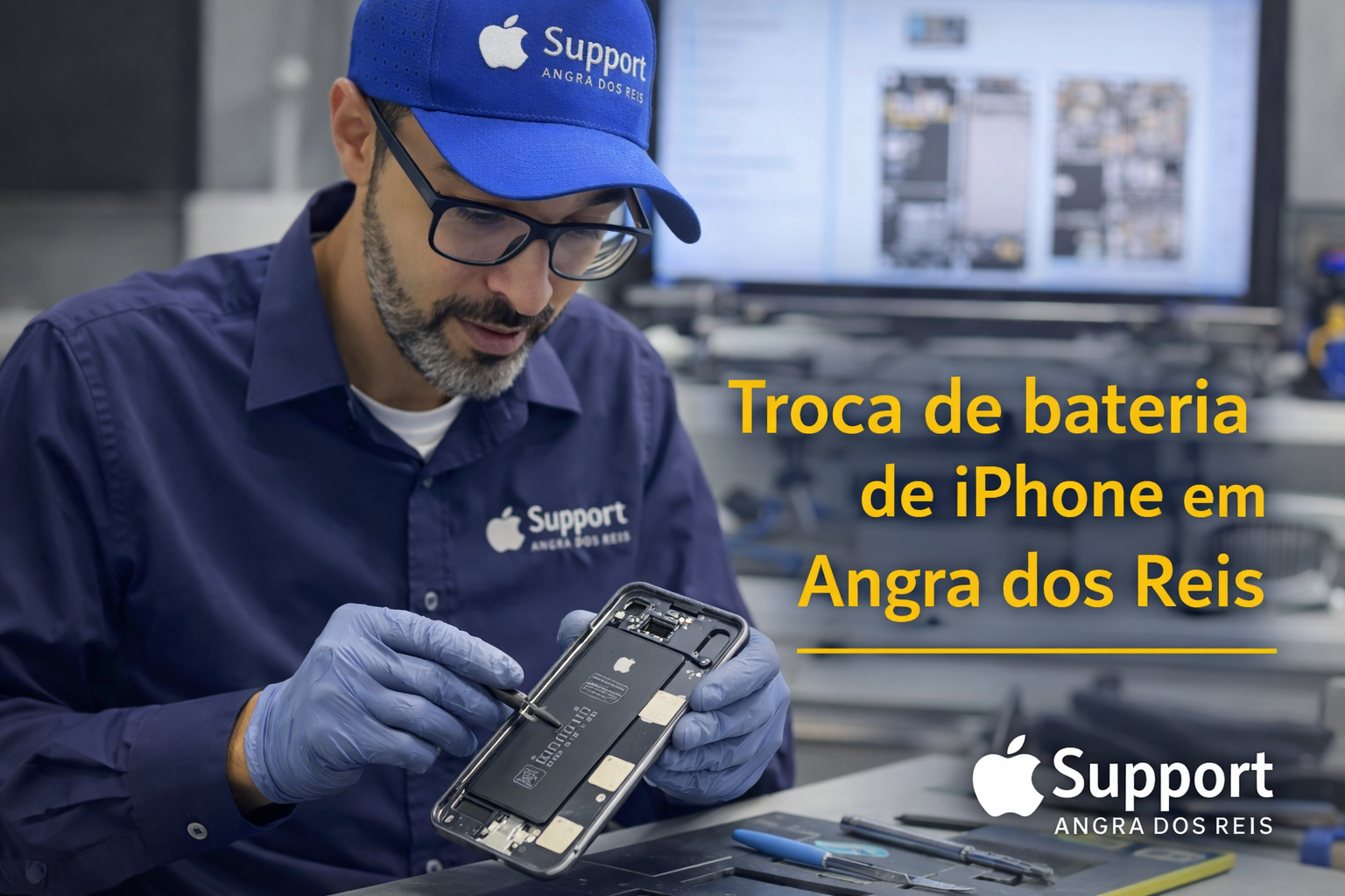 Técnico da Support Angra dos Reis realizando troca de bateria de iPhone em bancada técnica
