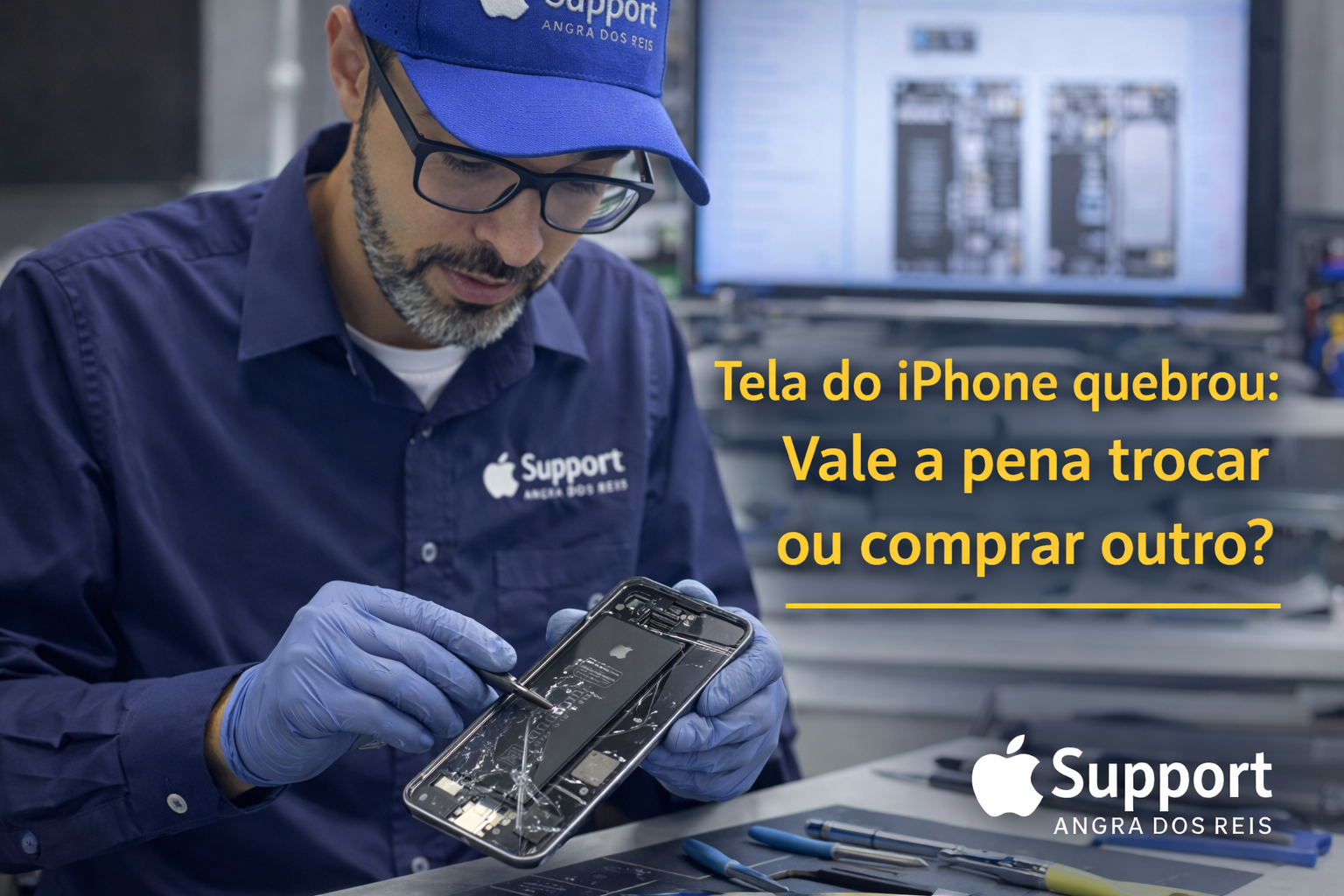 Técnico da Support Angra dos Reis realizando reparo de tela de iPhone